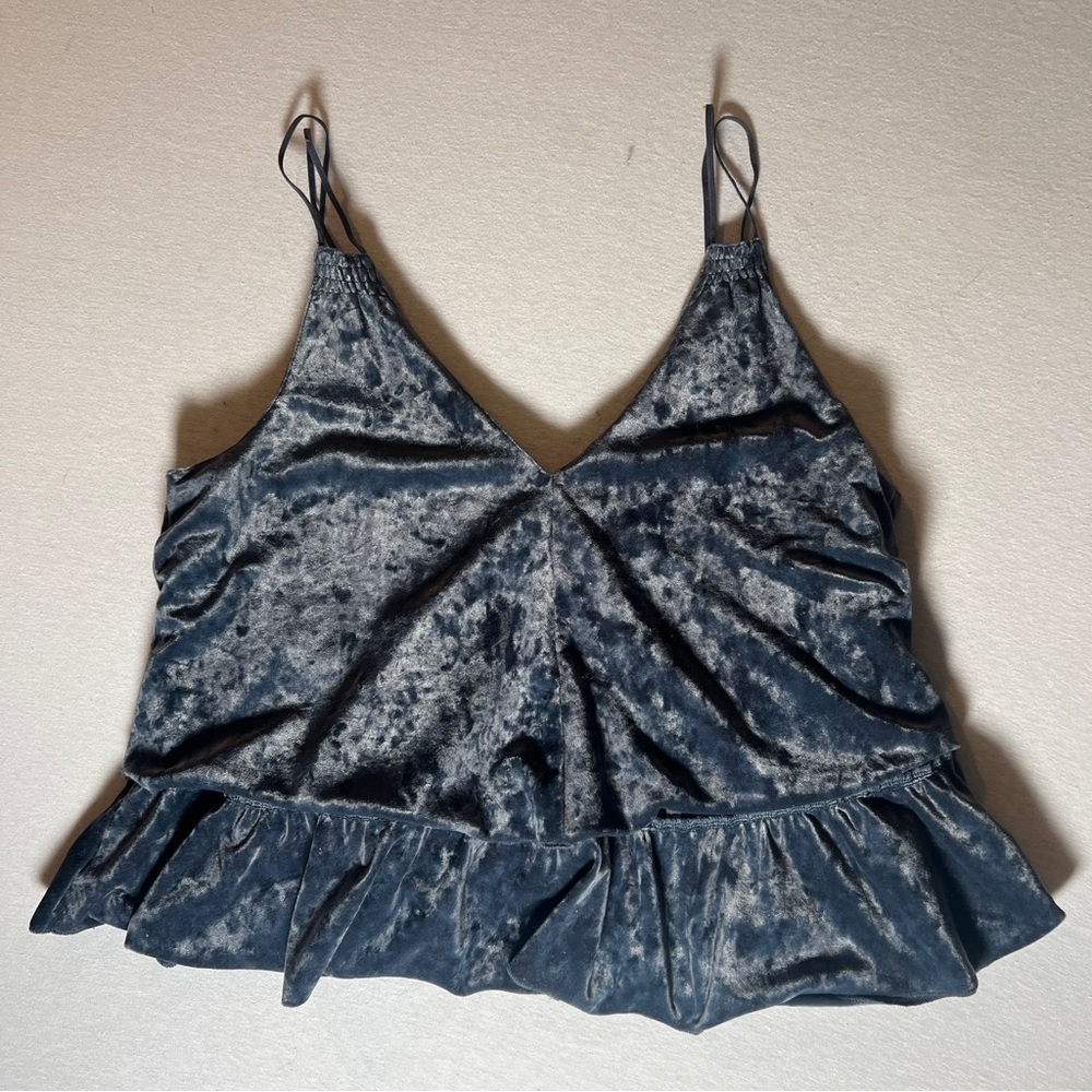 Aerie Blue Velvet Cropped Double Strap Babydoll Tank Top, Cotton Lining, Medium